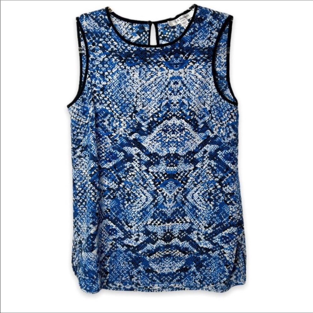 L.K. BENNETT SILK BLUE & WHITE SNAKE PRINT SLEEVELESS BLOUSE